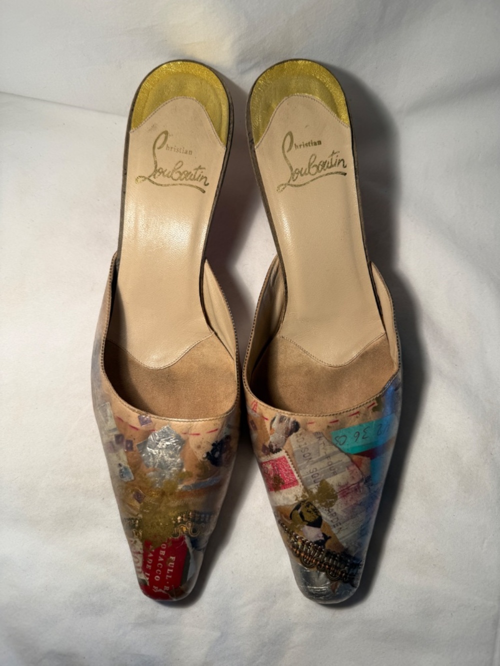 Vintage 1999 Christian Louboutin Arte Povera Trash Collection Kitten Heel Mules - Picture 2 of 6